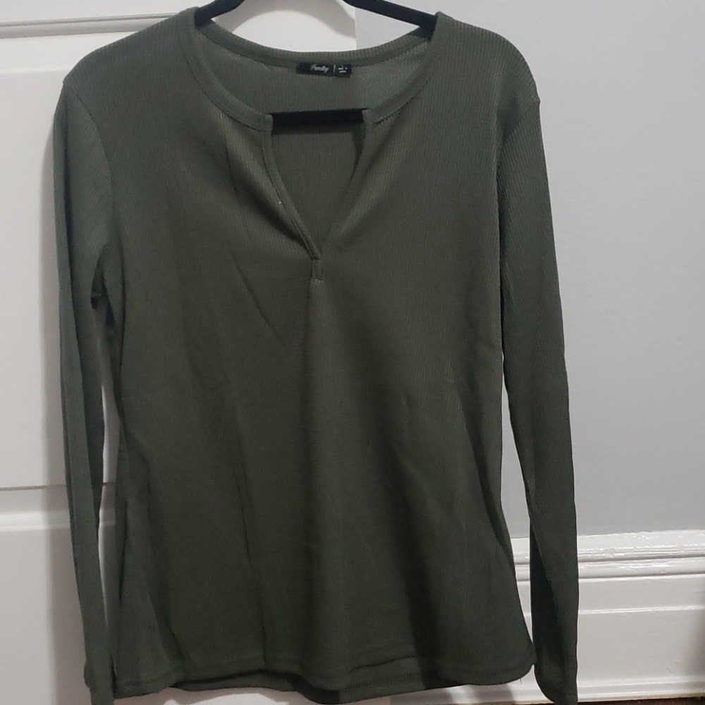 Waffle Knit V Neck Long Sleeve Thermal Shirt